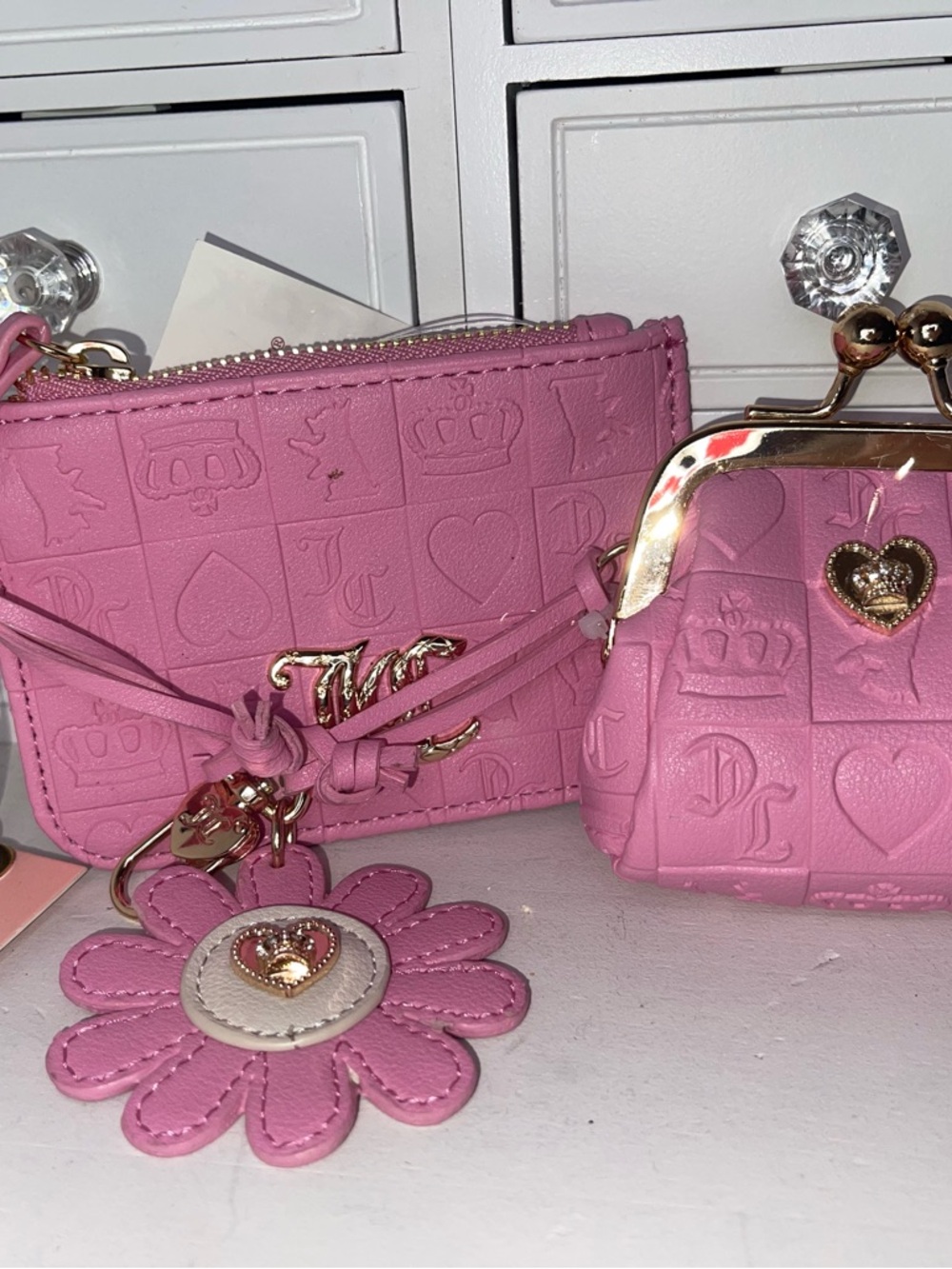 NWT Juicy Couture Pink Embossed Heart & Crown Wallet Set